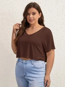 SHEIN BASICS 大尺碼純色V領短版T恤 夏季女款上衣 夏日穿搭 - 咖啡棕 - 查看 3