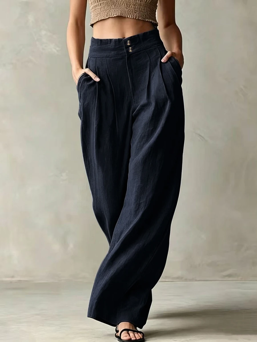 Glimmora Women's Solid Color Waist Button Placket Pocket Pleated Wide Leg Pants - Navy Blue - View 1