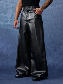 PAVTROS Men's Brown Long Pants, Fashion Crocodile PU Leather Pants, Minimalist Versatile Straight Leg Pants - Black - View 4