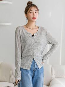 DAZY Atasan Lengan Panjang Wanita Warna Polos Kasual Serbaguna untuk Pemakaian Sehari-hari di Musim Gugur - Light Grey - View 4