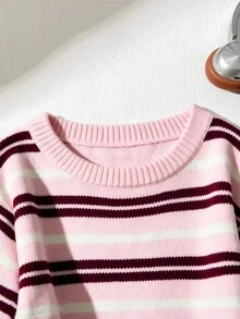 SHEIN 少女秋冬休閒居家條紋撞色領口套頭鬆垮落肩長袖針織衫 - 彩色 - 查看 4