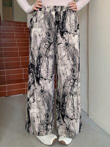 Dazy Plus Plus Size Women's Ink Painting Print Loose Casual Wide Leg Pants, New Early Autumn Style - Grey - View 5