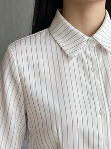 青少年女孩白色修身圓弧下擺紋理條紋襯衫，百搭校服風女款襯衫，適合青少年 - 彩色 - 查看 3