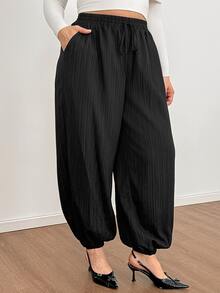 Shapeblank Plus-Size Women's Summer Casual Traditional Loose Slimming Textured Fabric Black Elastic Waist Lantern Pants Bottom Formal Office Dinner - Black - View 3