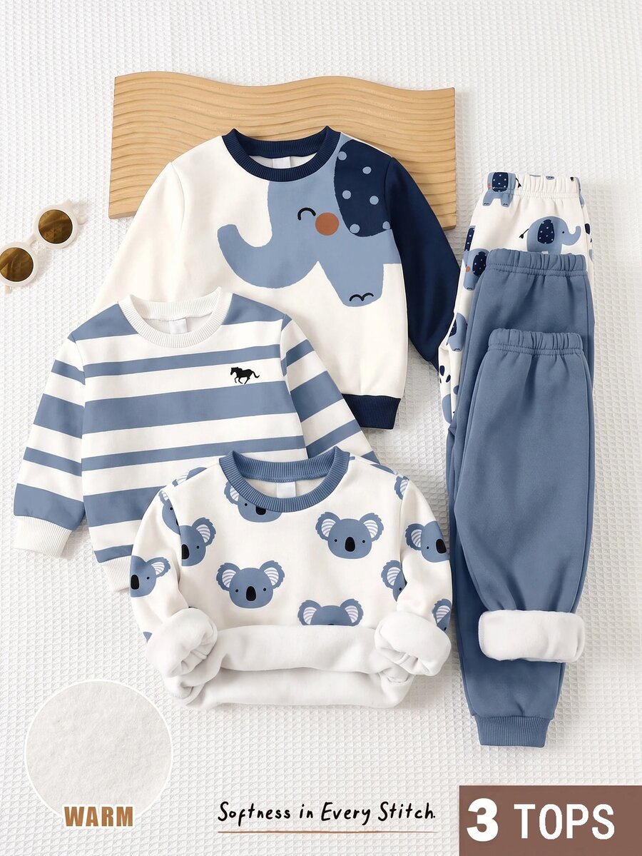 Set Sweatshirt Lengan Panjang 3 Potong untuk Anak Laki-Laki, Motif Klasik Retro Lucu dengan Blok Warna dan Patchwork, Motif Kartun Gajah Klasik, Motif Hewan Kukang Klasik, 3 Potong, Cocok untuk Musim Gugur/Musim Dingin - MultiWarna - View 1