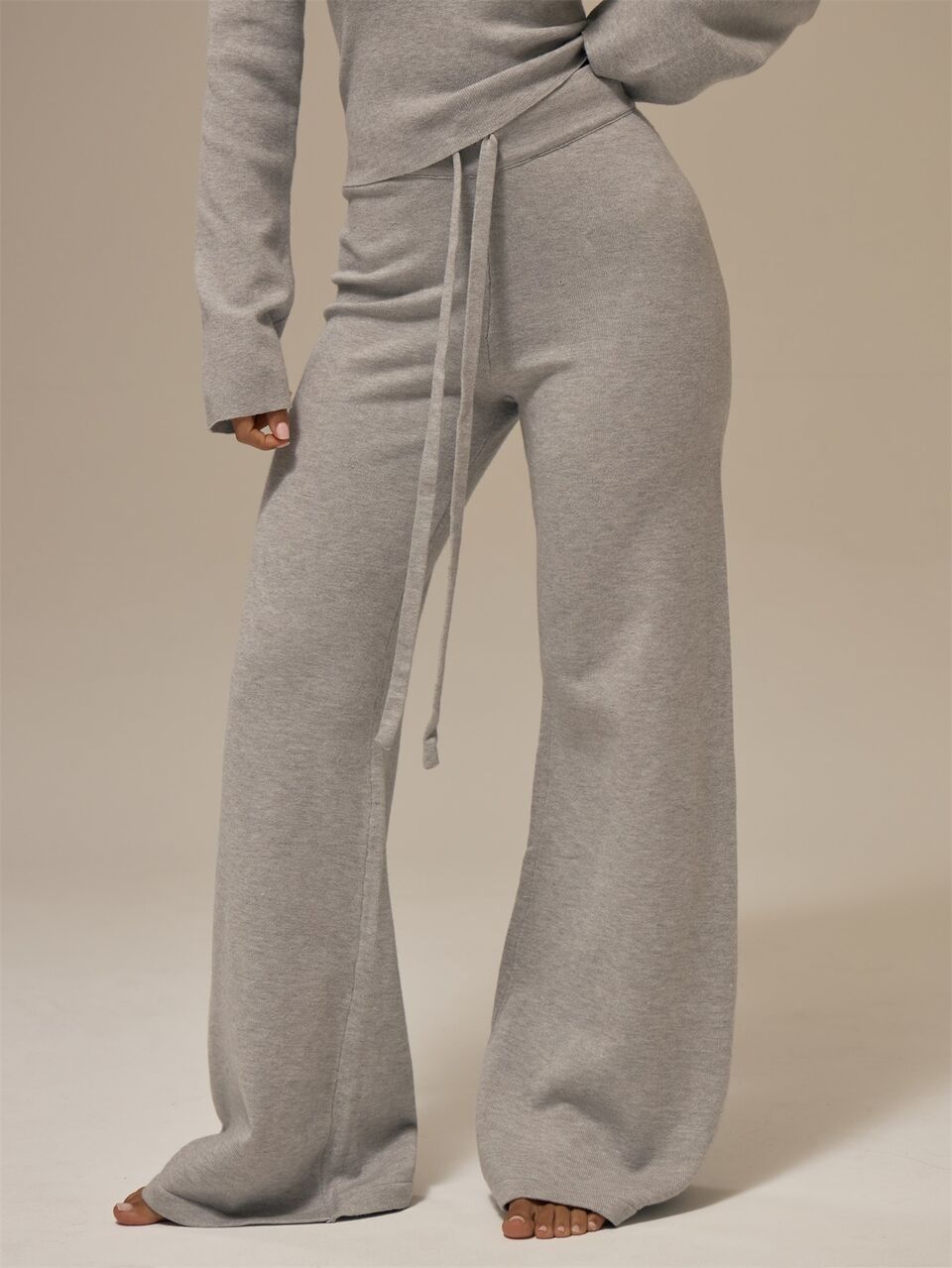 Marl Grey Self-Tie Drawstring Ribbed Elastic Waistband Wide Leg Full Length Knitwear Trousers