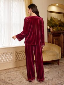 PalaceNights Embroidered Lace V-Neck Cardigan Long Sleeve Pants Velvet Pajama Set Autumn/Winter - Burgundy - View 2