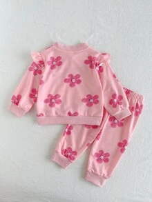 SHEIN Playful Pals 女嬰長袖圓領簡約休閒花卉印花夾克與時尚休閒百搭印花長褲套裝，舒適秋季休閒外出、玩耍與拍照穿搭 - 粉色 - 查看 2