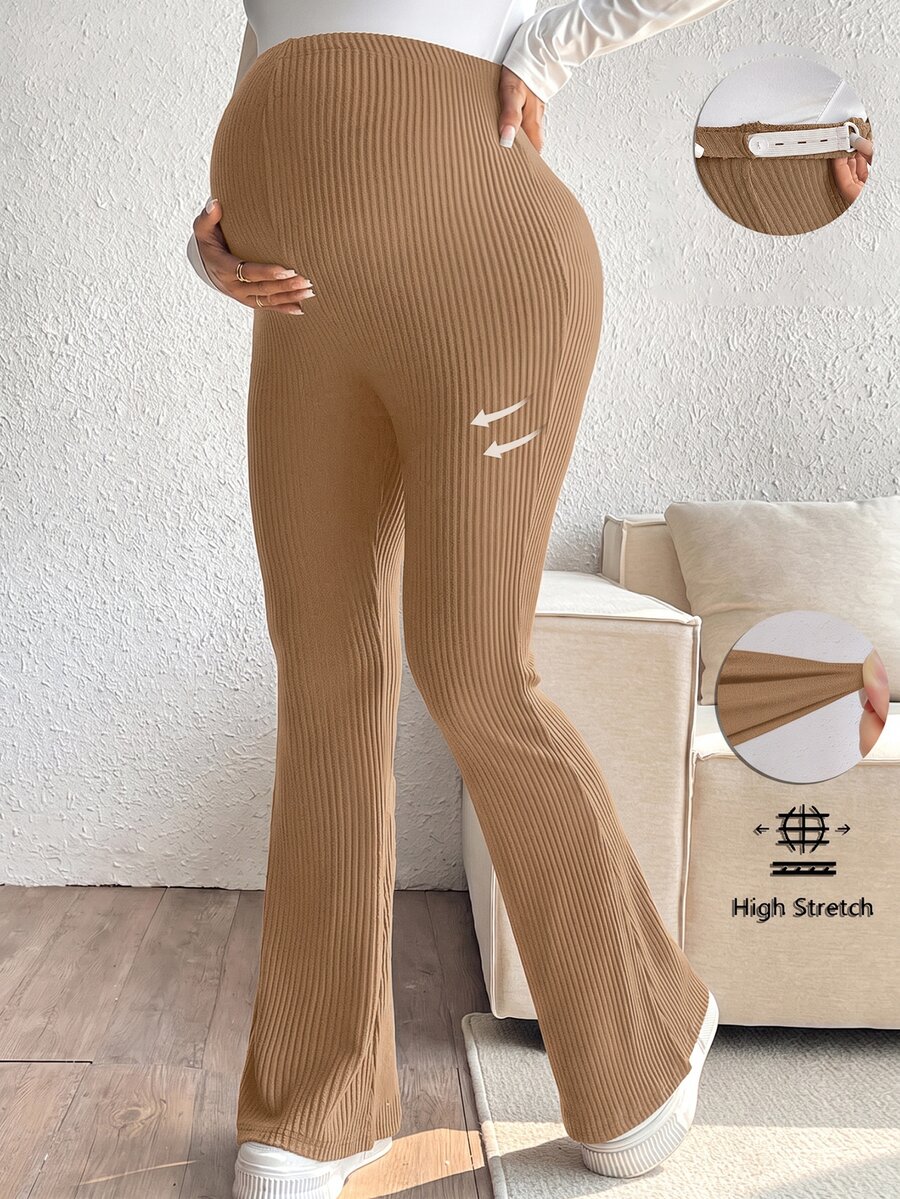 SHEIN 孕婦純色可調腰圍休閒百搭日常穿著長褲 - 棕色 - 查看 1