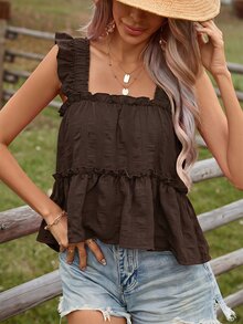 SHEIN VCAY Plus Size Women's Vacation Casual Flutter Sleeve Tank Top - Coffee Brown - View 6