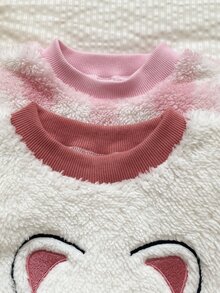 SHEIN Vintaside Kids 女嬰冬季圓領長袖法蘭絨可愛卡通貓刺繡衛衣 格紋長褲 抓皺袖口 甜美風舒適毛茸多件套裝 適合寒冷天氣日常出遊休閒旅行 - 粉色 - 查看 6
