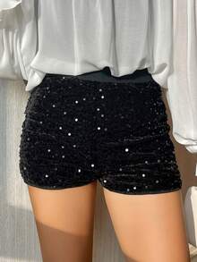 DAZY Women's Solid Color Sequin Fashion Shorts Fall - Black - View 5