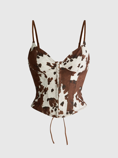 Hippie Top bandeau bustier moulant sexy Y2K à imprimé vache et fausse fourrure imprimé animal, cintrant la taille, pour femmes
