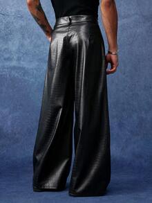PAVTROS Men's Brown Long Pants, Fashion Crocodile PU Leather Pants, Minimalist Versatile Straight Leg Pants - Black - View 2