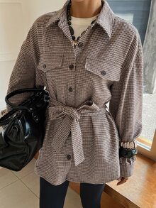 DAZY Women's Plaid Waist Knot Casual Versatile Long Sleeve Jacket Fall - Coffee Brown - View 4