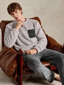 EverLounge Men's Autumn/Winter Fashion Minimalist Comfortable Double-Sided Fleece Jacquard Fabric Light Gray Contrast Color Patch Pocket Decor Loungewear Top - Light Grey - View 6