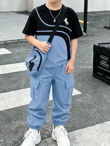 SHEIN 2件組 青少年男孩條紋波點馬標誌印花黑藍對比色百搭時尚舒適圓領短袖T恤與藍色收口工裝褲套裝，適合四季穿著 - 彩色 - 查看 1