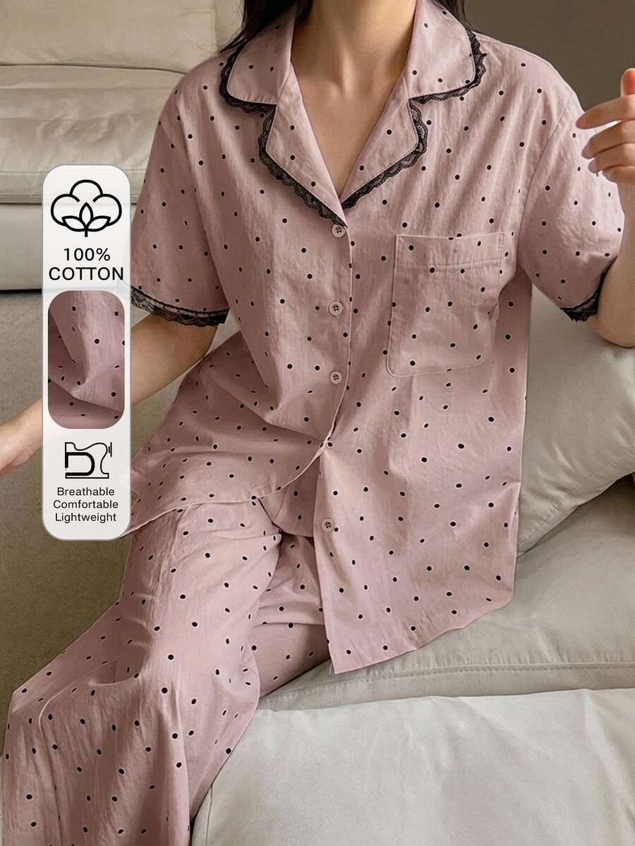 DAZY 2pcs/Set Women's Summer Pajama Set, Polka Dot All-Over Print Lace Patchwork Short Sleeve Cardigan Top & Straight Long Pants - Pink - View 1