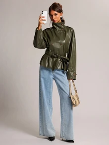 SHEIN BAE Women's Solid Color PU Leather Double-Breasted Fashion Trench Coat - Green - View 6