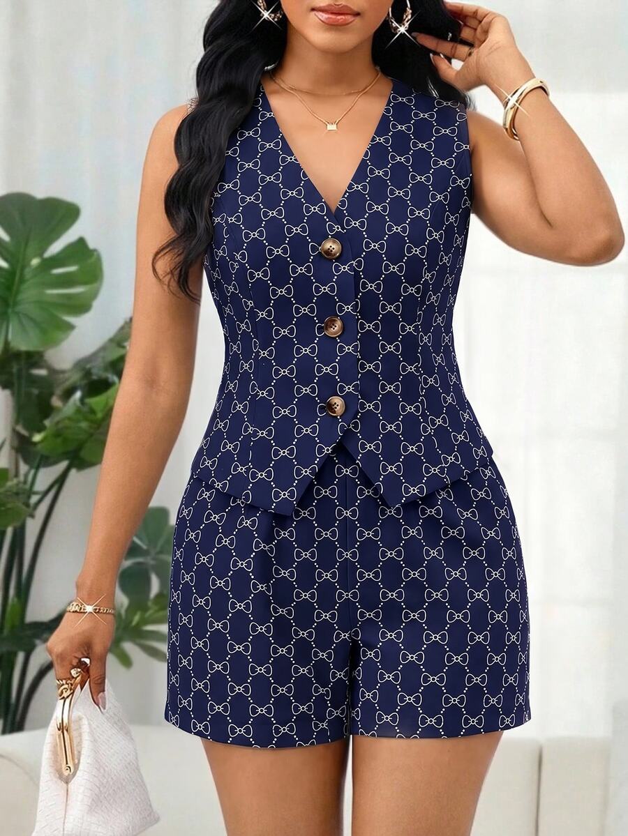 SHEIN Lady 女款V領滿版印花上衣與短褲休閒套裝 2件組 - 藏蓝色 - 查看 1