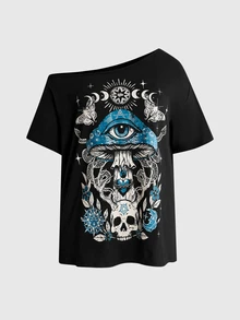 ROMWE Goth 蘑菇骷髏眼破舊印花大尺碼寬鬆單肩落肩T恤 - 黑色 - 查看 1