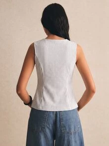 Poéselle 女款條紋前拉鍊休閒西裝背心 - 白色 - 查看 2