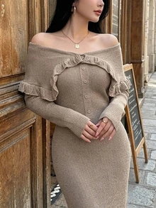 DAZY Women's Solid Color Off-Shoulder Long Sleeve Button Half-Placket Fitted Elegant Knit Dress Fall - Khaki - View 4