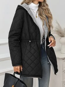 SHEIN Clasi 女款純色保暖內裡拉鍊休閒百搭長袖夾克 日常旅行穿搭 黑色 秋季 - 黑色 - 查看 4