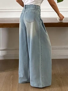 DAZY Distressed Washed Faded Loose Wide Leg Casual Streetwear Vacation Autumn Winter Long Pants Women's Jeans - Blue - View 2