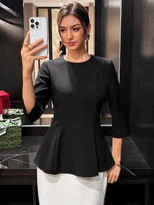 EastFlair Elegant Waist-Cinching Peplum 3/4 Sleeve Top, Simple Black Commuter Versatile Slimming Office Fall/Winter - Black - View 1