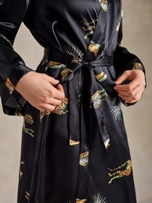 EverLounge Leopard Print Faux Silk Women's Long Sleeve Robe - Black - View 6