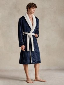 EverLounge Men's Autumn/Winter Fashion Navy Blue Contrast White Collar Left Chest British Style Embroidered Plush Robe - Navy Blue - View 3