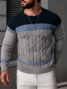 Manfinity Homme 男士拼色圓領長袖休閒百搭毛衣 - 淺灰色 - 查看 4