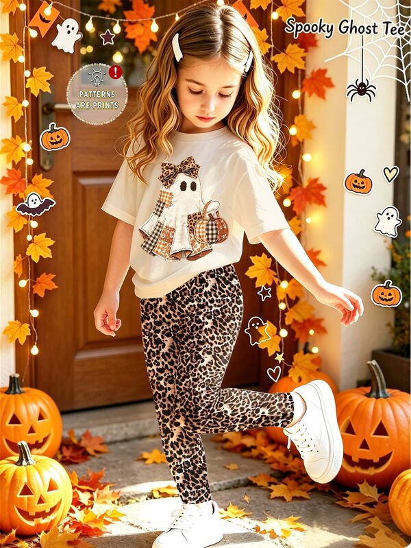 (1セット) ハロウィン 女の子用 幼児 シンプル チェック柄 パッチワーク ゴースト ヒョウ柄 リボン かぼちゃランタン柄 ベーシック 半袖Tシャツとレギンス