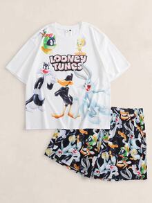 LOONEY TUNES X SHEIN Plus Size Men's Letter Cartoon Print Short Sleeve Top And Shorts Casual Daily Home Pajama Set - White - View 1