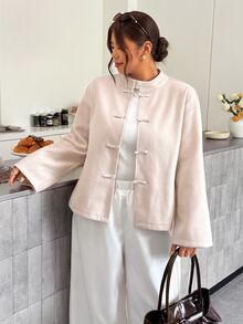 Firerie Plus Size Women's Solid Color Drop Shoulder Long Sleeve Frog Button Design Casual Jacket - Apricot - View 4