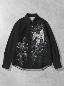 ROMWE MEN Street Life 男士天使印花草寫字母街頭風長袖翻領襯衫 - 黑色 - 查看 6