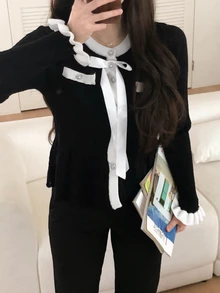 DAZY 女款拼色休閒百搭日常外出開襟衫 秋季 - 黑色 - 查看 4