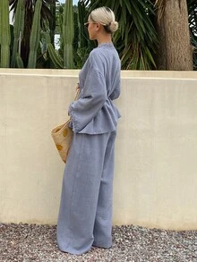 DAZY 女款純色對比蕾絲長袖晨袍與寬腿褲休閒兩件套 - 藍色 - 查看 2