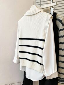 SHEIN Franclia Cream & Black Striped Half-Zip Stand Collar Knit Vest, Loose Soft Layering Slimming Commuter Old Money Style Sleeveless Tank Top, Spring/Autumn - Apricot - View 2
