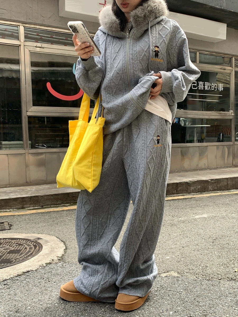 DAZY Women's Plush Hooded Long Sleeve Sweatshirt And Pants Casual Daily 2 Pieces Set Fall - Grey - View 1
