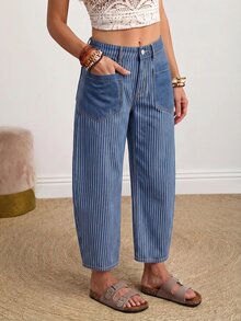 EMERY ROSE Plus Size Women's Pocket Design Striped Casual Loose Fit Denim Jeans - Dark Wash - View 4