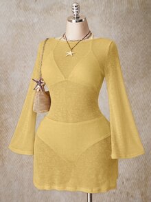SHEIN ICON 女款大尺碼純色長袖時尚沙灘度假洋裝 - 淡黃色 - 查看 1