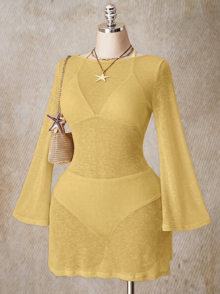 SHEIN ICON 女款大尺碼純色長袖時尚沙灘度假洋裝 - 淡黃色 - 查看 1