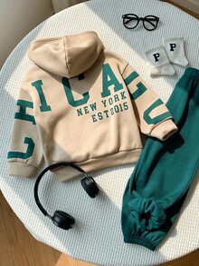 SHEIN 中性嬰兒男孩/女孩幼童 2件組秋冬保暖內裡加厚休閒時尚後背標語圖案連帽衛衣套裝，嬰兒冬季服飾運動套裝，聖誕 - 墨綠色 - 查看 6