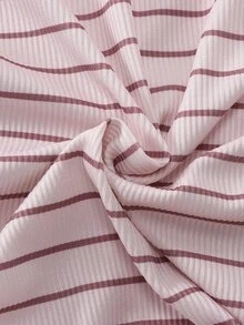 SHEIN Children's Striped Long Sleeve Top For Spring And Autumn, Black & White Stripes, Brown & Pink Stripes, V-Neck Design With Delicate Lace Trim, Sweet And Fashionable, Suitable For Daily Wear And Gatherings - Multicolor - View 7