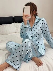 Napfluff Star Print Faux Silk Open Front Long Sleeve Women's Pajama Set - Blue - View 7