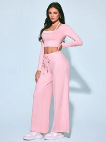 Sovereign Charm Sovereign Charm Women's 2 Pieces Long Sleeve Cropped T-Shirt And Pants Sports Set - Pink - View 4