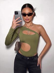 SHEIN ICON 春夏女款黑色哥德風頹廢風性感純色不對稱剪裁緊身連身衣 - 軍綠色 - 查看 4