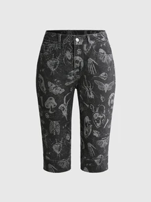ROMWE Dark Gray Gothic Skull All-Over Print Slim Fit Stretch Denim Mid-Length Pants For Women - Dark Grey - View 1